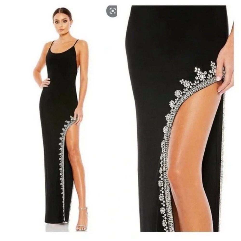 Mac Duggal Gown‎ Low Back High Slit Dress Black Silver Size 8